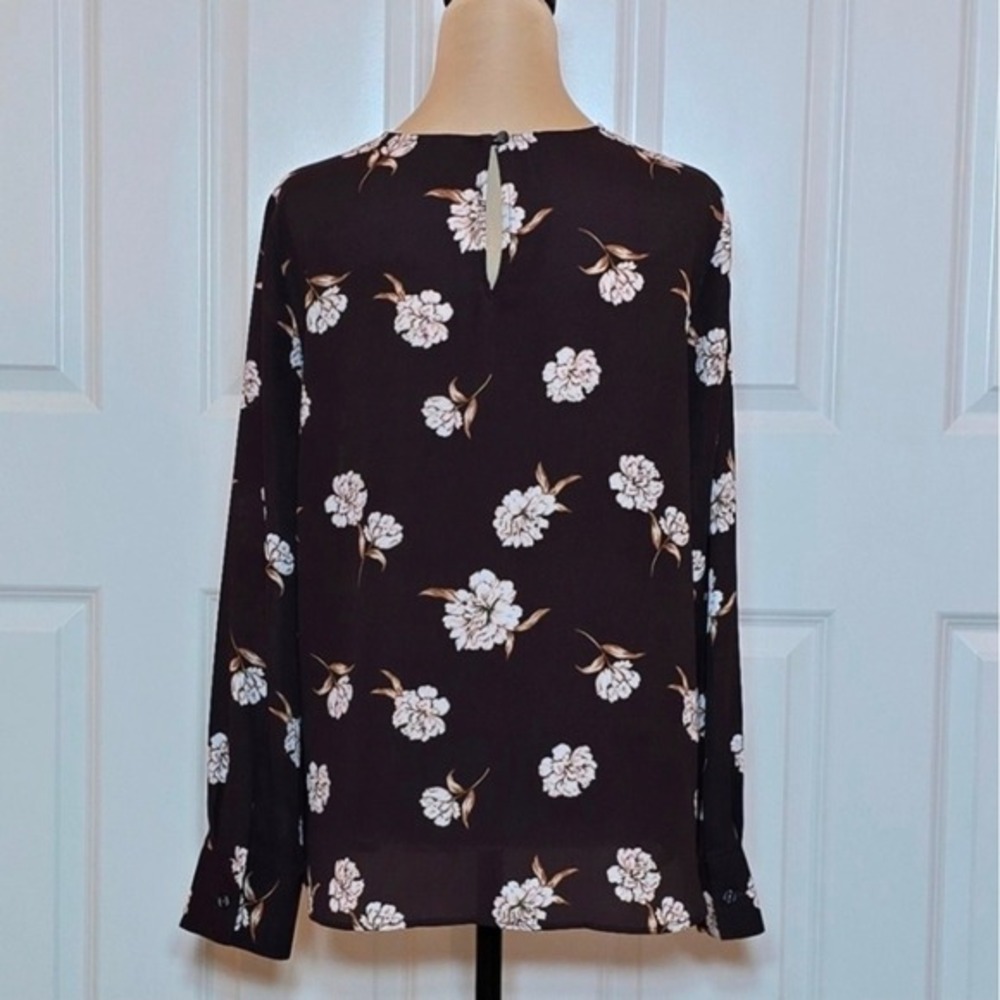 Ann Taylor Factory Chocolate Brown Floral‎ Long Sleeve Blouse Keyhole Back Small - Picture 2 of 7
